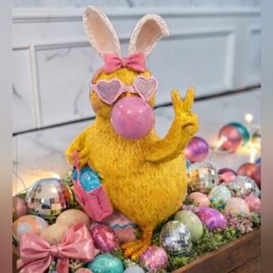 Easter Egg Toating Chick w Bunny Ears Blowing Bubble Peace Sign Figure Decor New